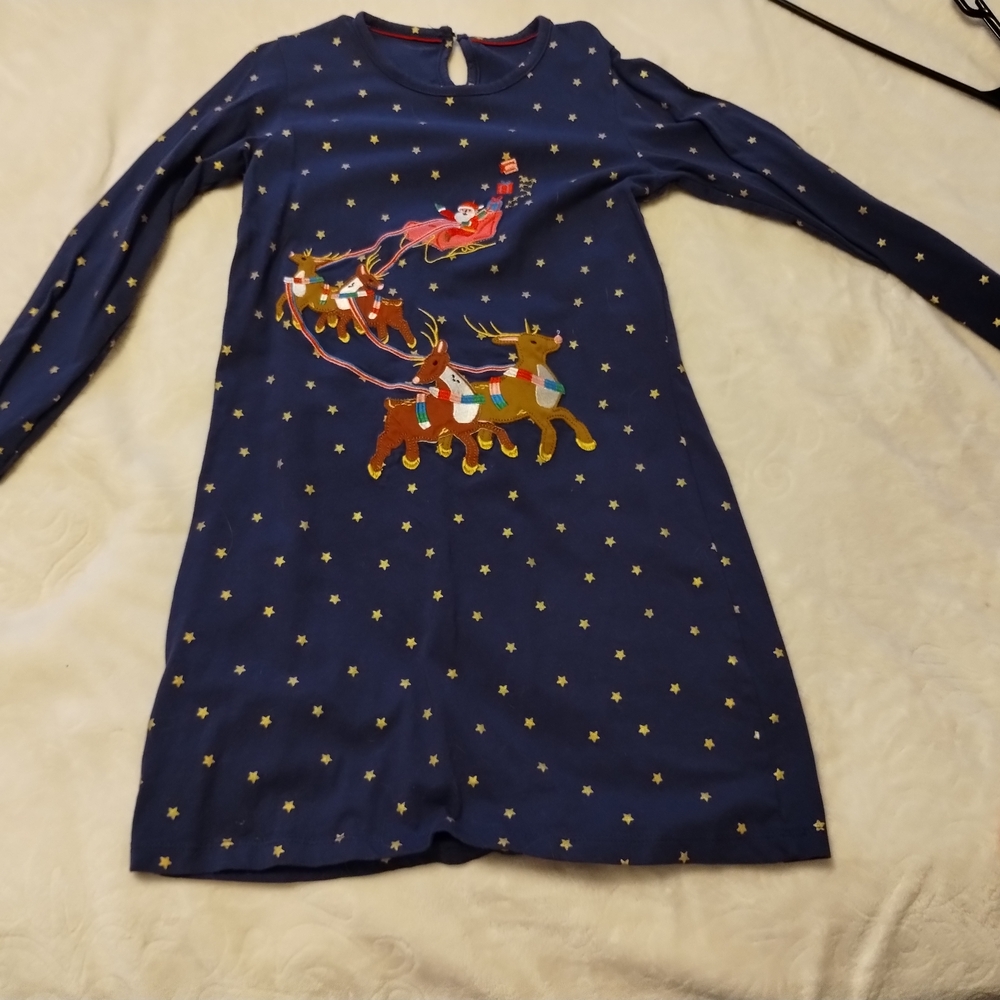 Festive Blue Dress with Santa and Reindeer